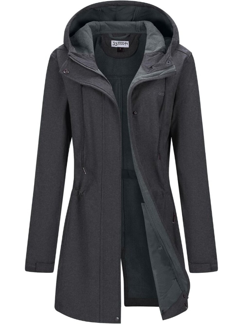 Women's Grey Fleece Lined Waterproof Zip Up Softshell Long Trench Parka Coat